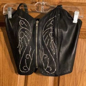 Genuine leather embellished halter top, size small, zipper front,